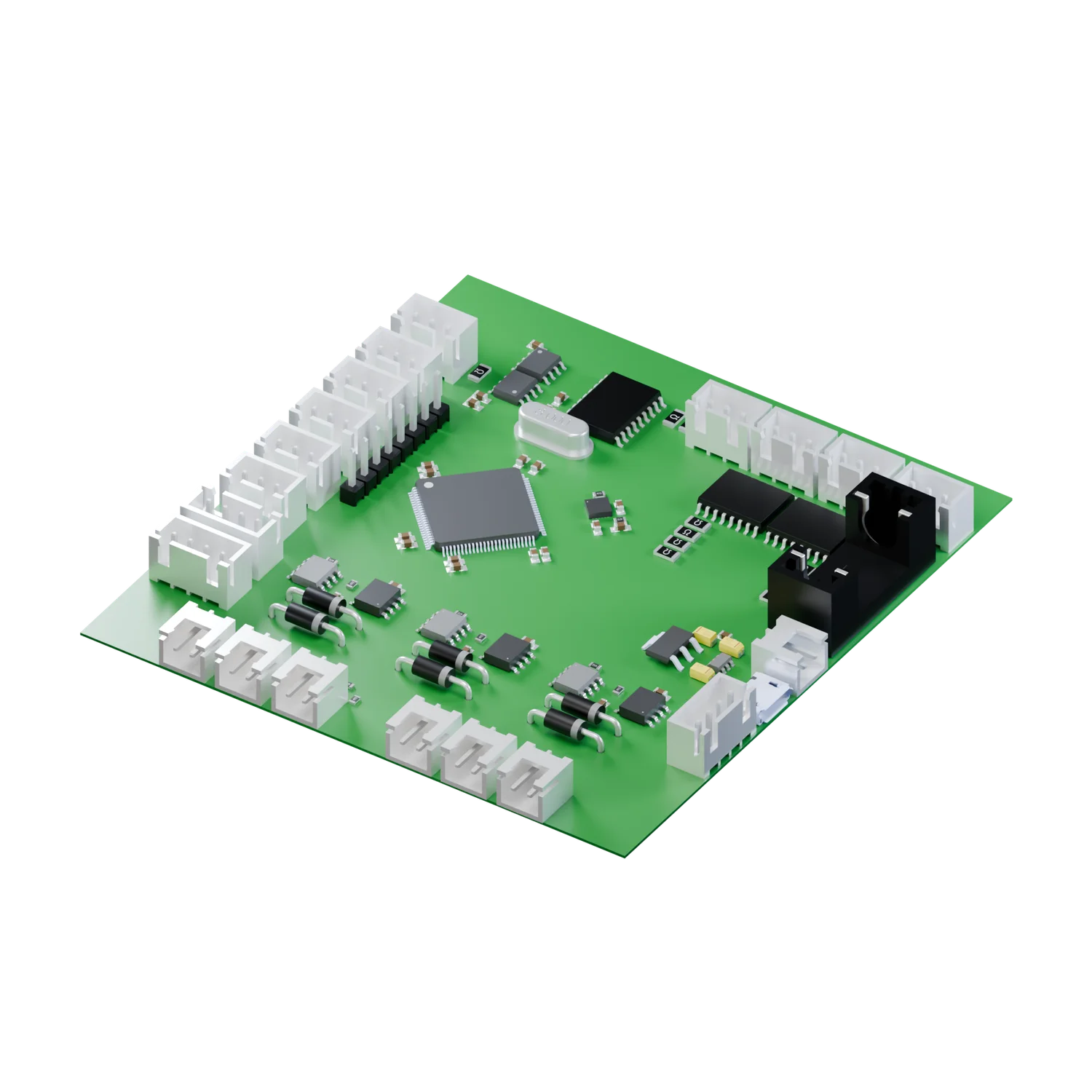 3D CAD render of the Control card with central controller, white connectors and peripheral components
