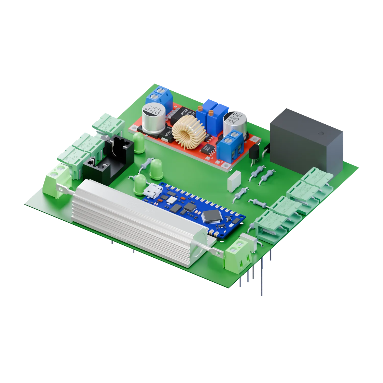3D CAD render of the Precharge board with green terminals, power resistor and controller module